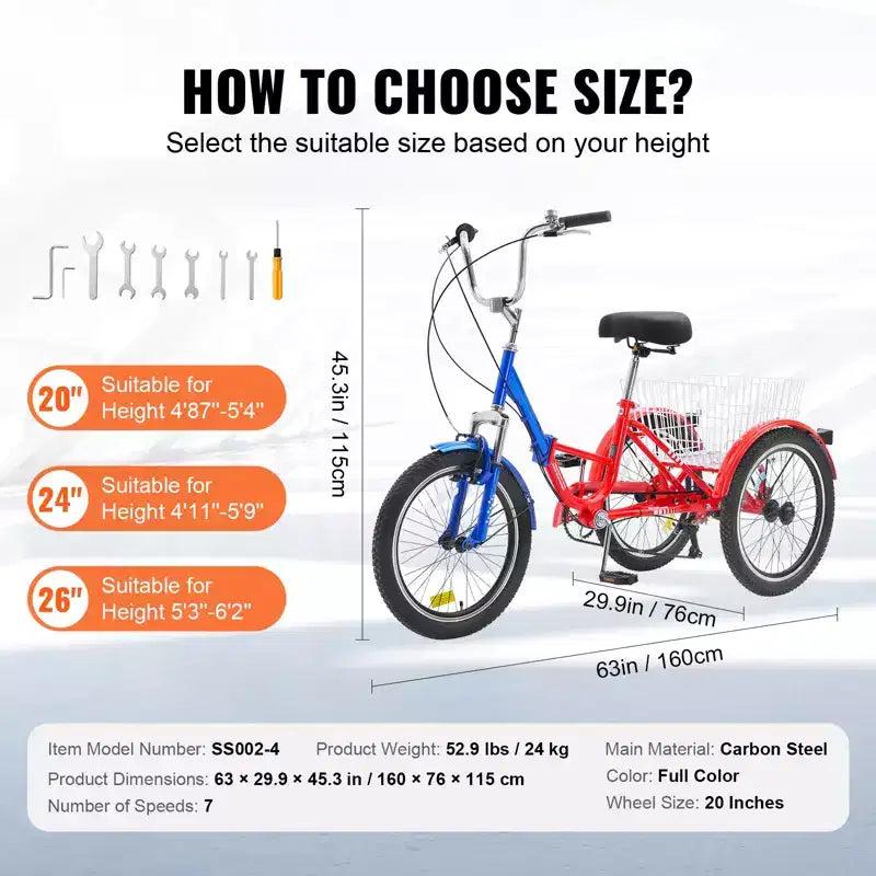 VEVOR Triciclo Plegable para Adultos, Triciclos Plegables para Adultos de 20 Pulgadas y 7 Velocidades, Bicicleta de Crucero de 3 Ruedas de Acero al Carbono con Cesta Grande y Asiento Ajustable