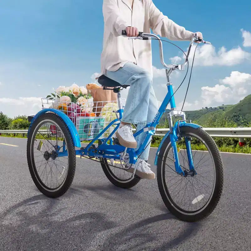 VEVOR Triciclo Plegable para Adultos, Triciclos Plegables para Adultos de 26 Pulgadas, Bicicleta Crucero de 3 Ruedas de Acero al Carbono con Cesta Grande y Asiento Ajustable