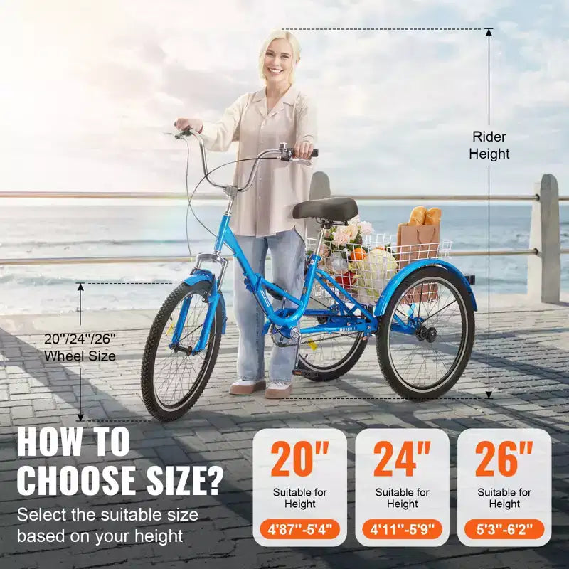 VEVOR Triciclo Plegable para Adultos, Triciclos Plegables para Adultos de 26 Pulgadas, Bicicleta Crucero de 3 Ruedas de Acero al Carbono con Cesta Grande y Asiento Ajustable