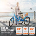 VEVOR Triciclo Plegable para Adultos, Triciclos Plegables para Adultos de 26 Pulgadas, Bicicleta Crucero de 3 Ruedas de Acero al Carbono con Cesta Grande y Asiento Ajustable