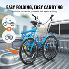 VEVOR Triciclo Plegable para Adultos, Triciclos Plegables para Adultos de 26 Pulgadas, Bicicleta Crucero de 3 Ruedas de Acero al Carbono con Cesta Grande y Asiento Ajustable