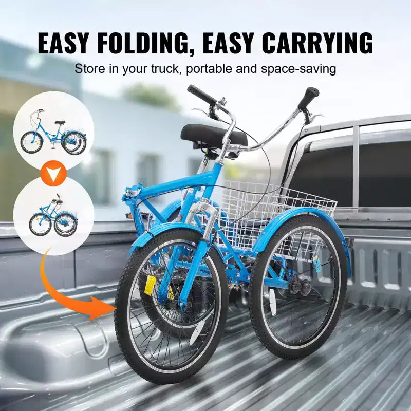 VEVOR Triciclo Plegable para Adultos, Triciclos Plegables para Adultos de 26 Pulgadas, Bicicleta Crucero de 3 Ruedas de Acero al Carbono con Cesta Grande y Asiento Ajustable
