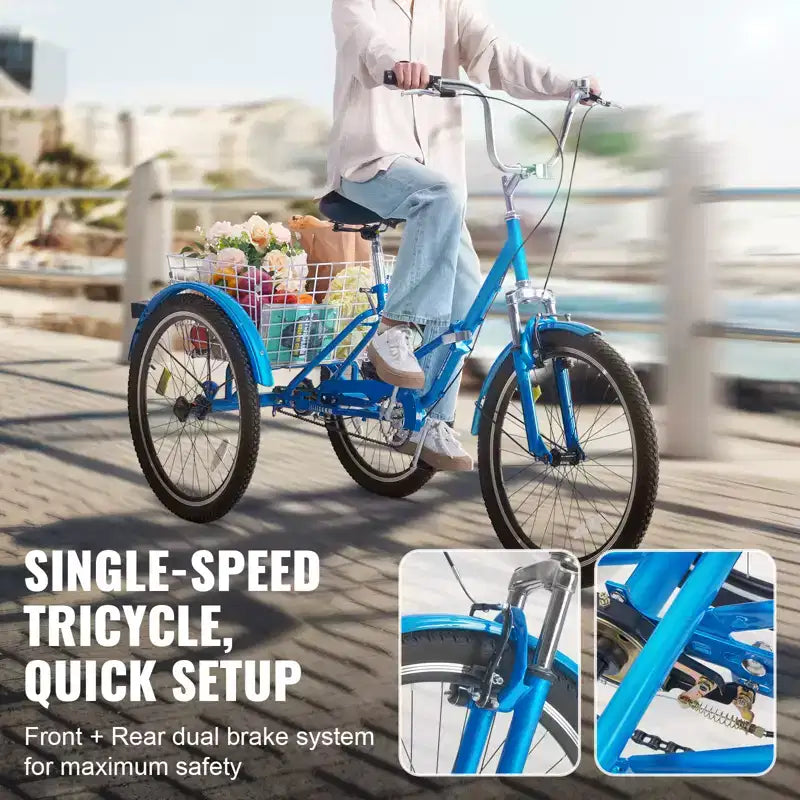 VEVOR Triciclo Plegable para Adultos, Triciclos Plegables para Adultos de 26 Pulgadas, Bicicleta Crucero de 3 Ruedas de Acero al Carbono con Cesta Grande y Asiento Ajustable