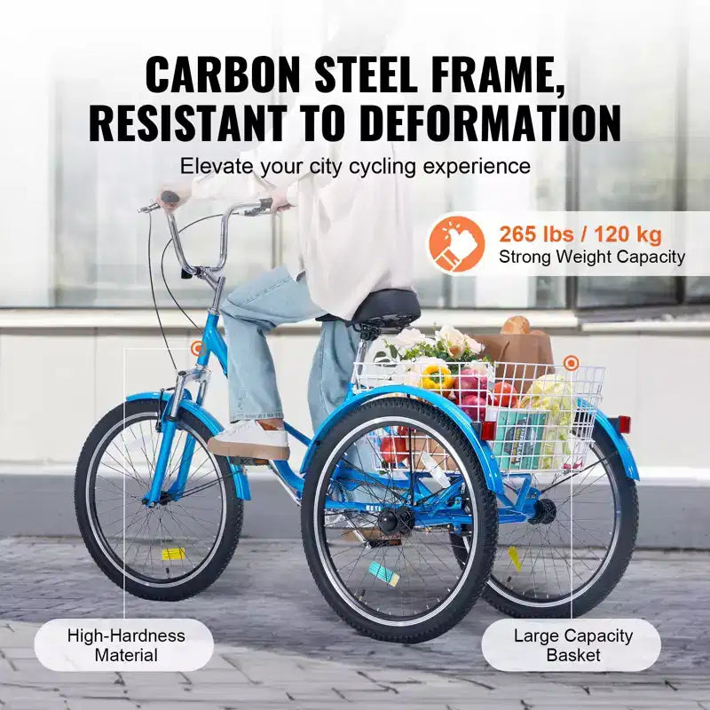 VEVOR Triciclo Plegable para Adultos, Triciclos Plegables para Adultos de 26 Pulgadas, Bicicleta Crucero de 3 Ruedas de Acero al Carbono con Cesta Grande y Asiento Ajustable