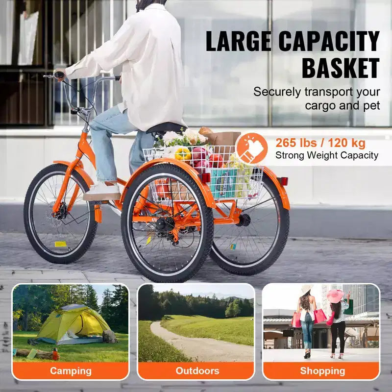VEVOR Triciclo Plegable para Adultos, Triciclos Plegables para Adultos de 20 Pulgadas, Bicicleta Crucero de 3 Ruedas de Aleación de Aluminio Ligera con Cesta Trasera Grande