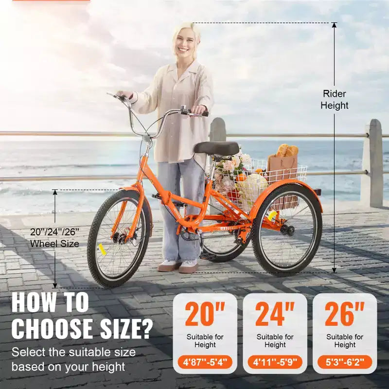 VEVOR Triciclo Plegable para Adultos, Triciclos Plegables de 24 Pulgadas para Adultos, Bicicleta Cruiser de 3 Ruedas de Aleación de Aluminio Ligera con Cesta Trasera Grande