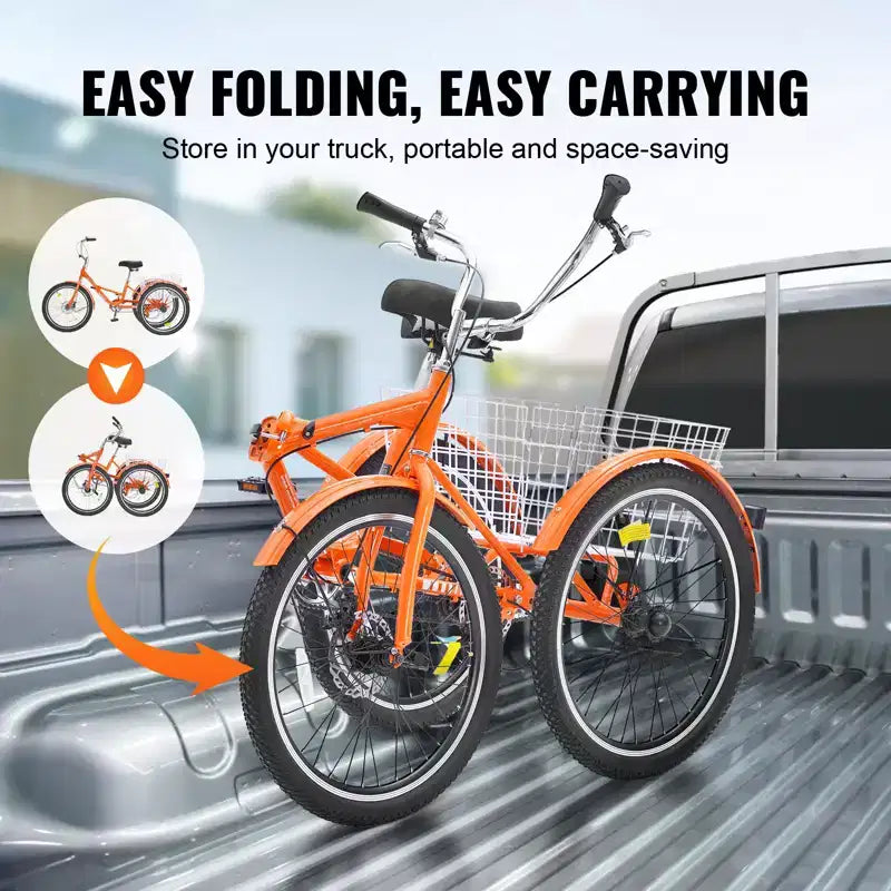 VEVOR Triciclo Plegable para Adultos, Triciclos Plegables de 24 Pulgadas para Adultos, Bicicleta Cruiser de 3 Ruedas de Aleación de Aluminio Ligera con Cesta Trasera Grande