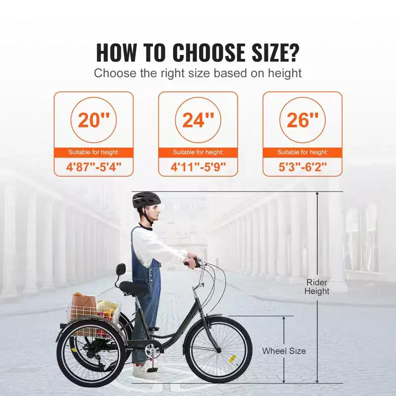 VEVOR Triciclo para Adultos, Bicicleta de 7 Velocidades para Adultos, Bicicleta de Tres Ruedas de 24 Pulgadas, Bicicleta Crucero de Acero al Carbono con Cesta y Asiento Ajustable