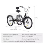 VEVOR Triciclo para Adultos, Bicicleta de 7 Velocidades para Adultos, Bicicleta de Tres Ruedas de 24 Pulgadas, Bicicleta Crucero de Acero al Carbono con Cesta y Asiento Ajustable