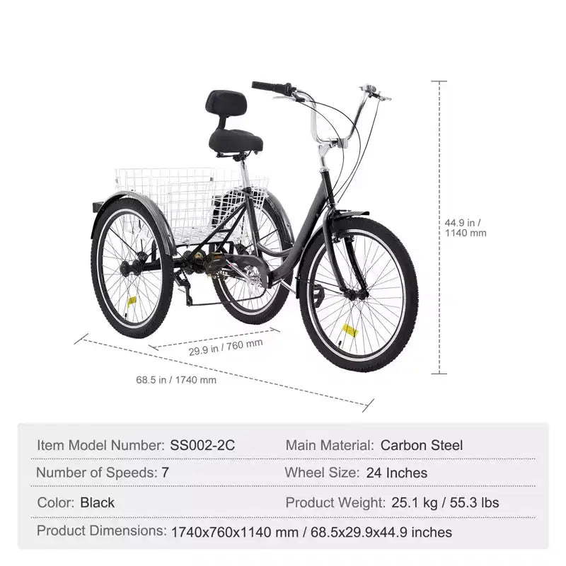 VEVOR Triciclo para Adultos, Bicicleta de 7 Velocidades para Adultos, Bicicleta de Tres Ruedas de 24 Pulgadas, Bicicleta Crucero de Acero al Carbono con Cesta y Asiento Ajustable
