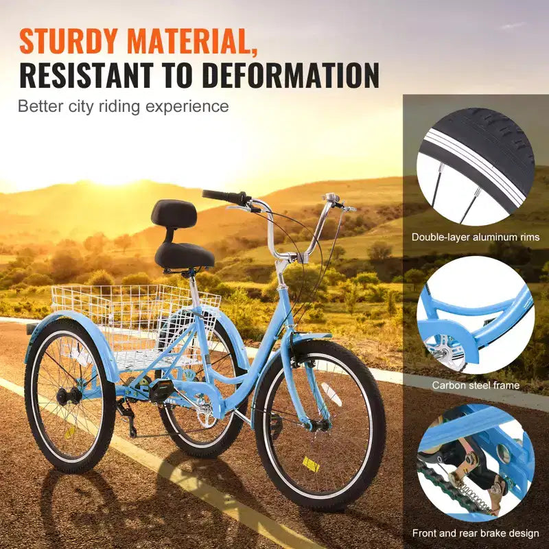 VEVOR Triciclos para adultos, bicicleta de 7 velocidades, triciclos para adultos, bicicletas de tres ruedas de 20 pulgadas, bicicleta de crucero de acero al carbono con cesta y asiento ajustable