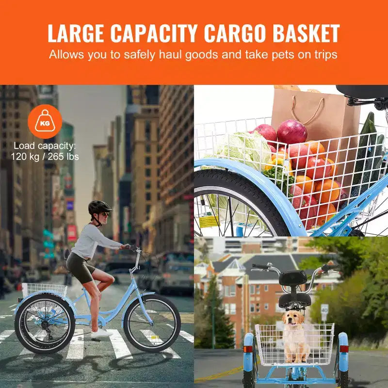 VEVOR Triciclos para adultos, bicicleta de 7 velocidades, triciclos para adultos, bicicletas de tres ruedas de 20 pulgadas, bicicleta de crucero de acero al carbono con cesta y asiento ajustable