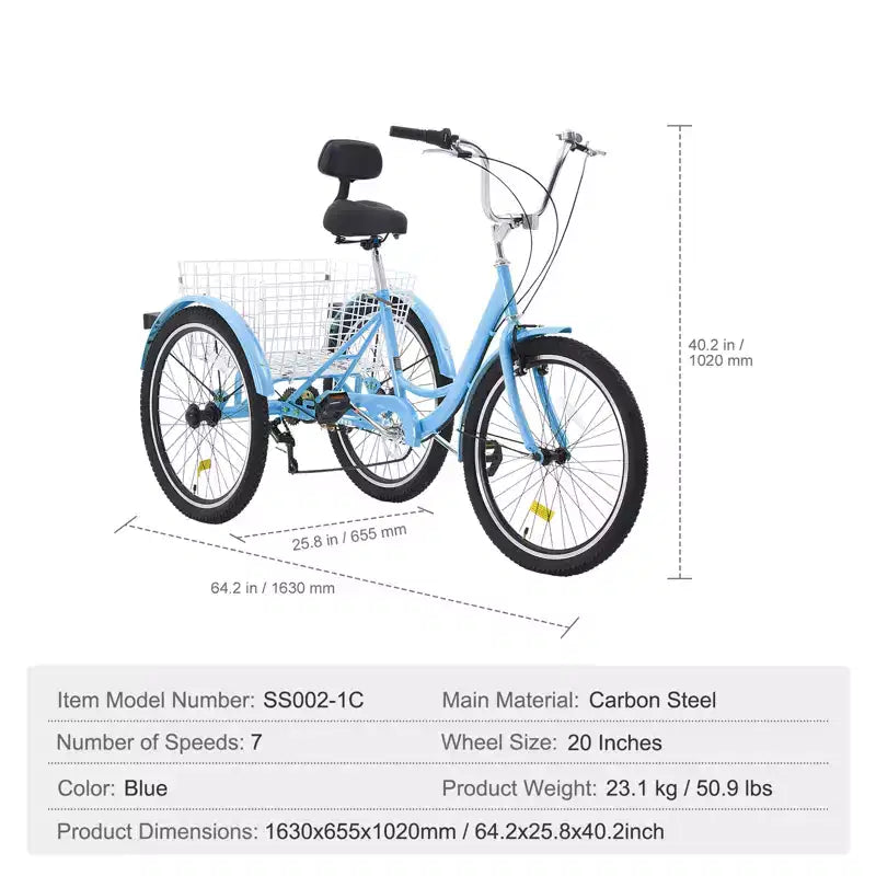 VEVOR Triciclos para adultos, bicicleta de 7 velocidades, triciclos para adultos, bicicletas de tres ruedas de 20 pulgadas, bicicleta de crucero de acero al carbono con cesta y asiento ajustable