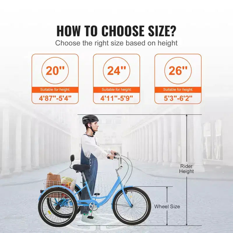 VEVOR Bicicleta Triciclo para Adultos, Bicicleta de Tres Ruedas de 24 Pulgadas, Triciclos de 3 Ruedas, Bicicleta Cruiser de Acero al Carbono con Cesta y Asiento Ajustable