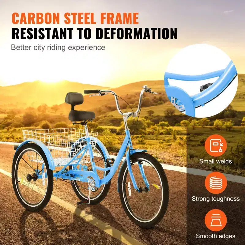 VEVOR Bicicleta Triciclo para Adultos, Bicicleta de Tres Ruedas de 24 Pulgadas, Triciclos de 3 Ruedas, Bicicleta Cruiser de Acero al Carbono con Cesta y Asiento Ajustable