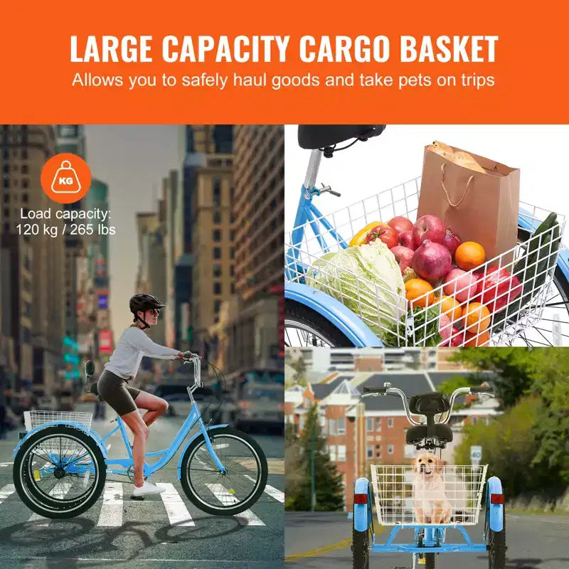 VEVOR Bicicleta Triciclo para Adultos, Bicicleta de Tres Ruedas de 24 Pulgadas, Triciclos de 3 Ruedas, Bicicleta Cruiser de Acero al Carbono con Cesta y Asiento Ajustable
