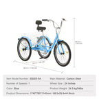 VEVOR Bicicleta Triciclo para Adultos, Bicicleta de Tres Ruedas de 24 Pulgadas, Triciclos de 3 Ruedas, Bicicleta Cruiser de Acero al Carbono con Cesta y Asiento Ajustable