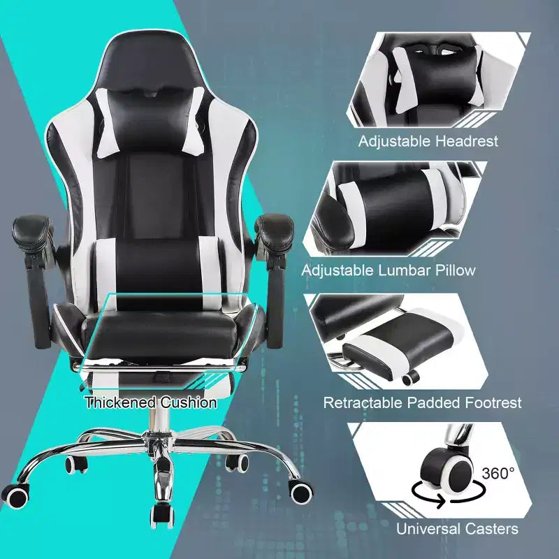 Silla de Juego Reclinable VECELO, Silla de Juego Ergonómica de Piel Sintética con Altura Ajustable, Reposapiés y Soporte Lumbar, Negra