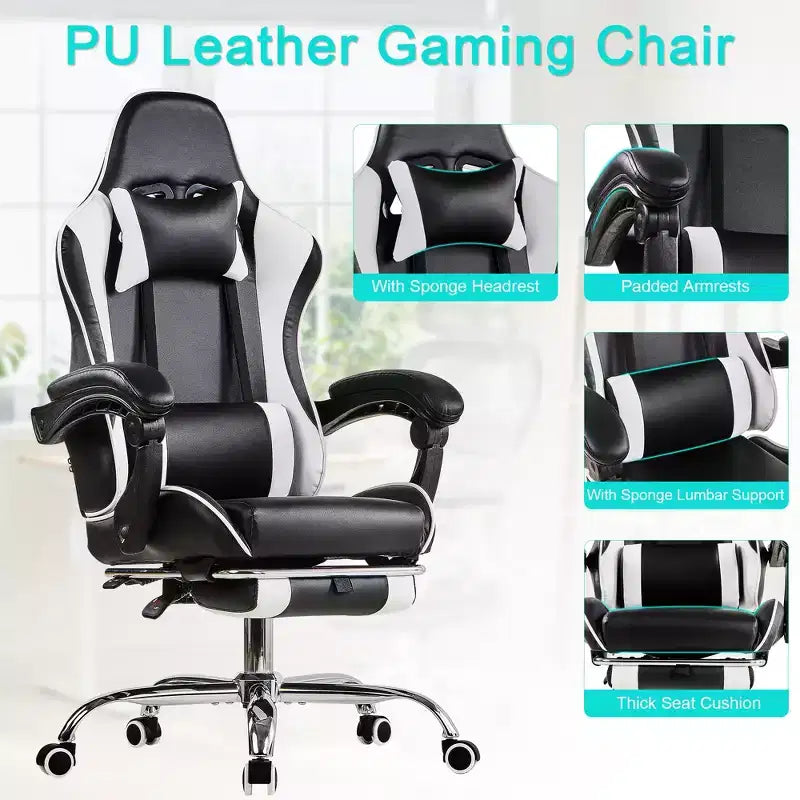 Silla de Juego Reclinable VECELO, Silla de Juego Ergonómica de Piel Sintética con Altura Ajustable, Reposapiés y Soporte Lumbar, Negra