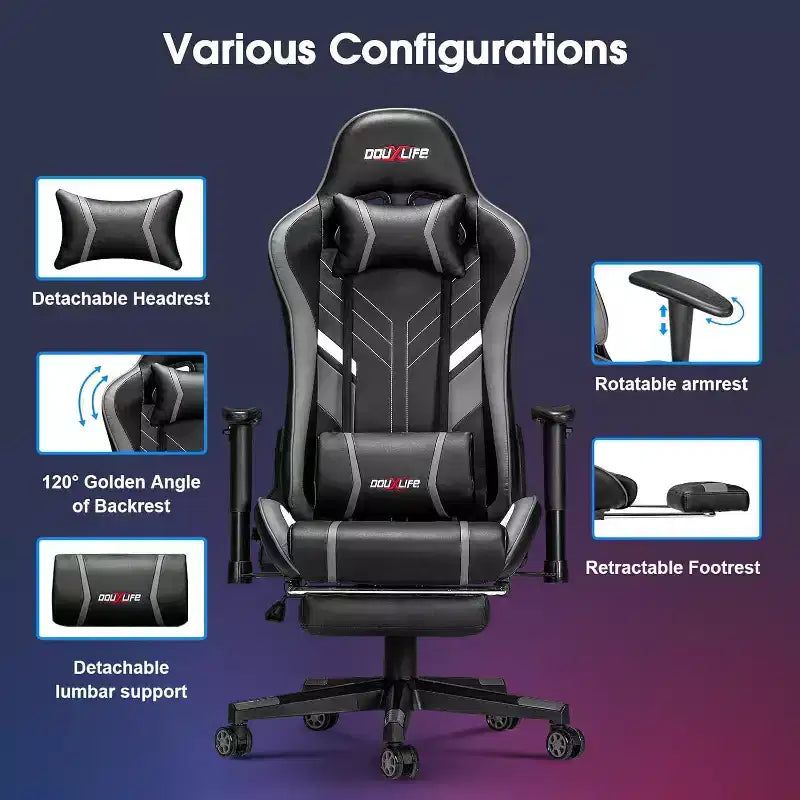 Silla ergonómica para videojuegos Douxlife con masaje de 7 puntos, reposapiés y reposabrazos ajustables, color negro y gris