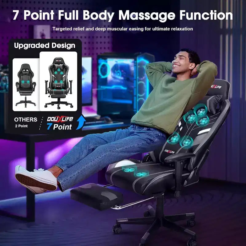 Silla ergonómica para videojuegos Douxlife con masaje de 7 puntos, reposapiés y reposabrazos ajustables, color negro y gris