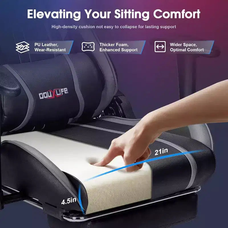 Silla ergonómica para videojuegos Douxlife con masaje de 7 puntos, reposapiés y reposabrazos ajustables, color negro y gris