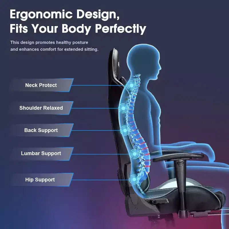 Silla ergonómica para videojuegos Douxlife con masaje de 7 puntos, reposapiés y reposabrazos ajustables, color negro y gris