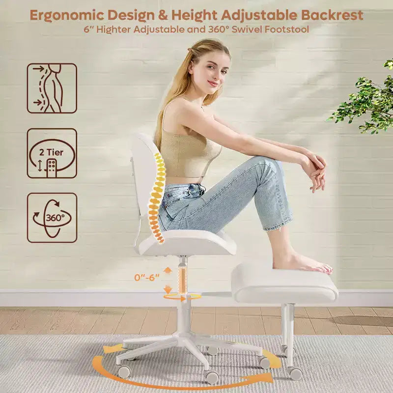 Silla de oficina Pinmoco sin brazos, con patas cruzadas, asiento extra ancho, diseño giratorio 360°, silla de escritorio ergonómica para oficina en casa, juegos y meditación