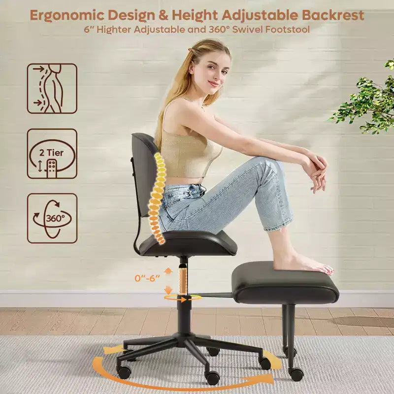 Silla de oficina Pinmoco sin brazos, con patas cruzadas, asiento extra ancho, diseño giratorio 360°, silla de escritorio ergonómica para oficina en casa, juegos y meditación