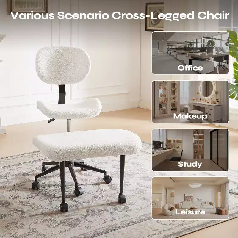 Silla de oficina Pinmoco sin brazos, con patas cruzadas, asiento extra ancho, diseño giratorio 360°, silla de escritorio ergonómica para oficina en casa, juegos y meditación