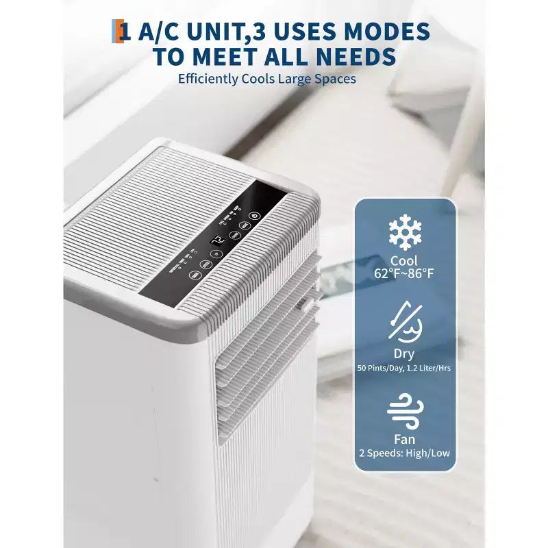 Acondicionador de aire portátil de 10.000 BTU con calefactor para habitaciones de hasta 32,5 m² (350 pies cuadrados), unidad de aire acondicionado autónoma 3 en 1 con ventilador y deshumidificador, modo de suspensión, oscilación automática