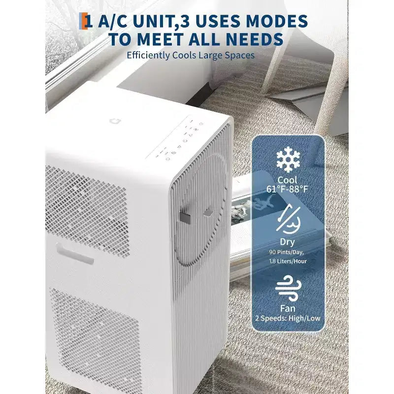 Acondicionador de aire portátil Garvee de 14000 BTU, panel de control fácil y moderno en blanco, enfriamiento de bajo consumo para habitaciones grandes y oficinas en casa