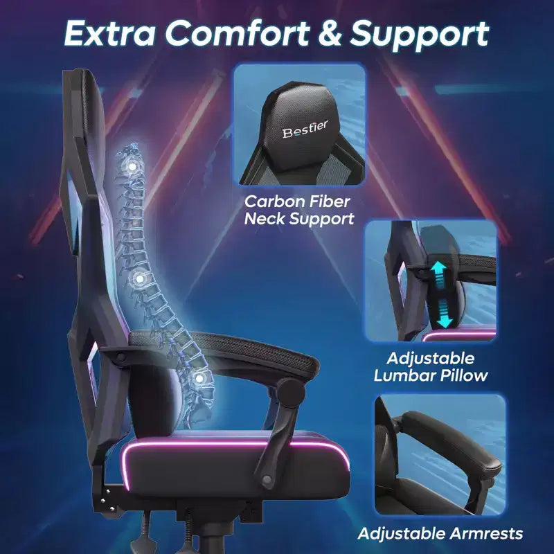 Silla Gaming Bestier con tejido transpirable, iluminación LED RGB y reposabrazos ajustables