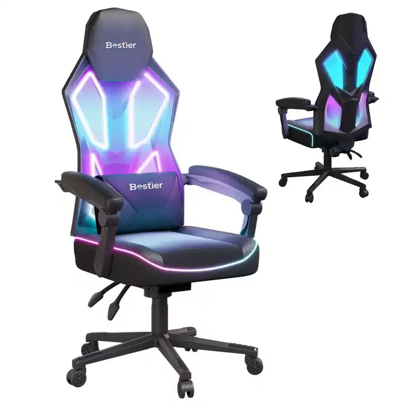 Silla Gaming Bestier con tejido transpirable, iluminación LED RGB y reposabrazos ajustables