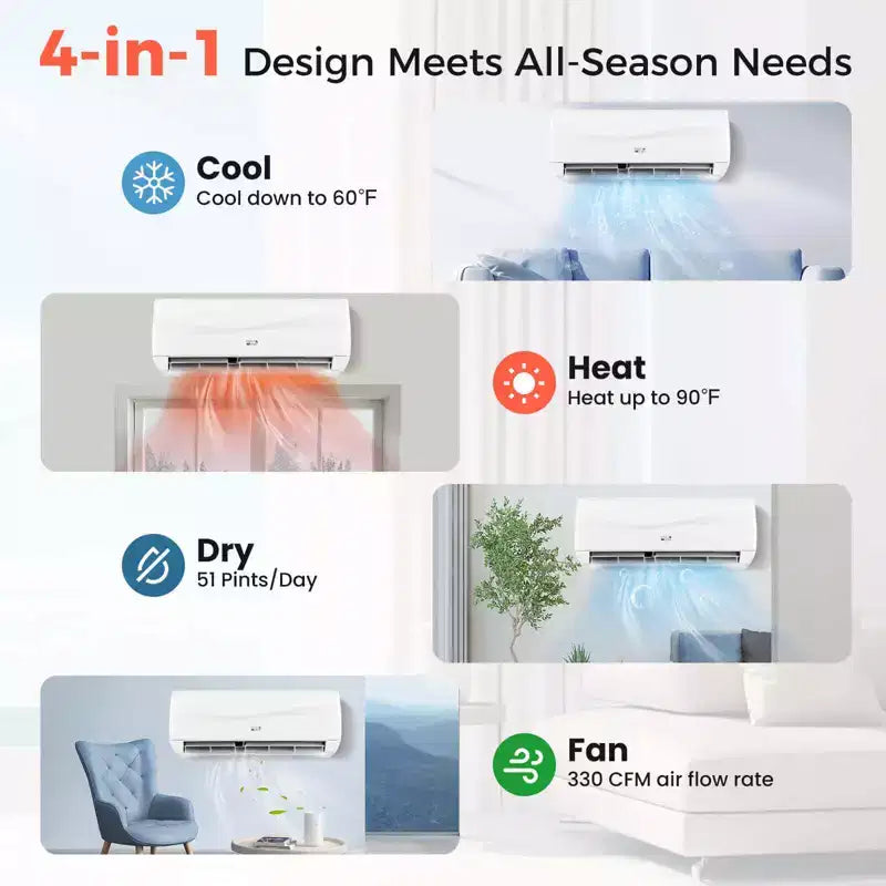 Costway Aire Acondicionado y Calefactor Mini Split de 9000 BTU con Bomba de Calor Pre-cargada de 0.75 Toneladas