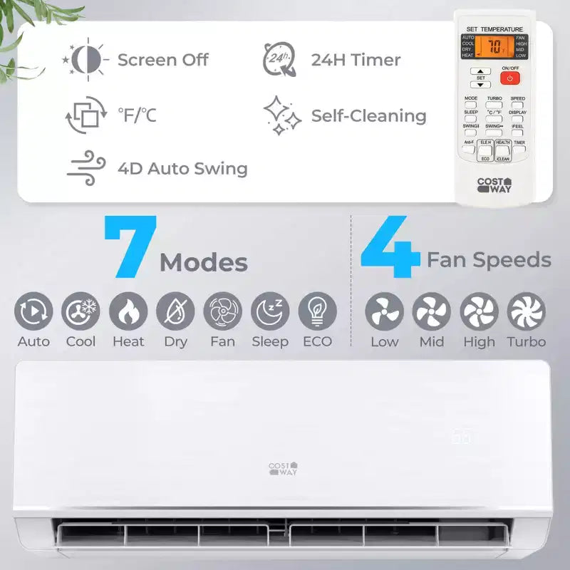 Costway Aire Acondicionado y Calefactor Mini Split de 12000 BTU con Kit de Instalación de Bomba de Calor de 1 Tonelada