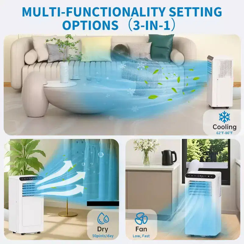 Aire Acondicionado Portátil de 10,000 BTU con Enfriamiento 3 en 1, Deshumidificador y Ventilador