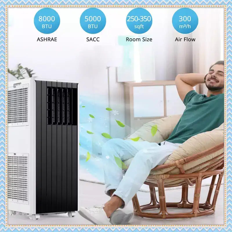 Acondicionador de aire portátil de 8000 BTU, aire acondicionado 3 en 1 con deshumidificador y ventilador, para habitaciones de hasta 32.5 metros cuadrados, con control remoto y kit para ventana