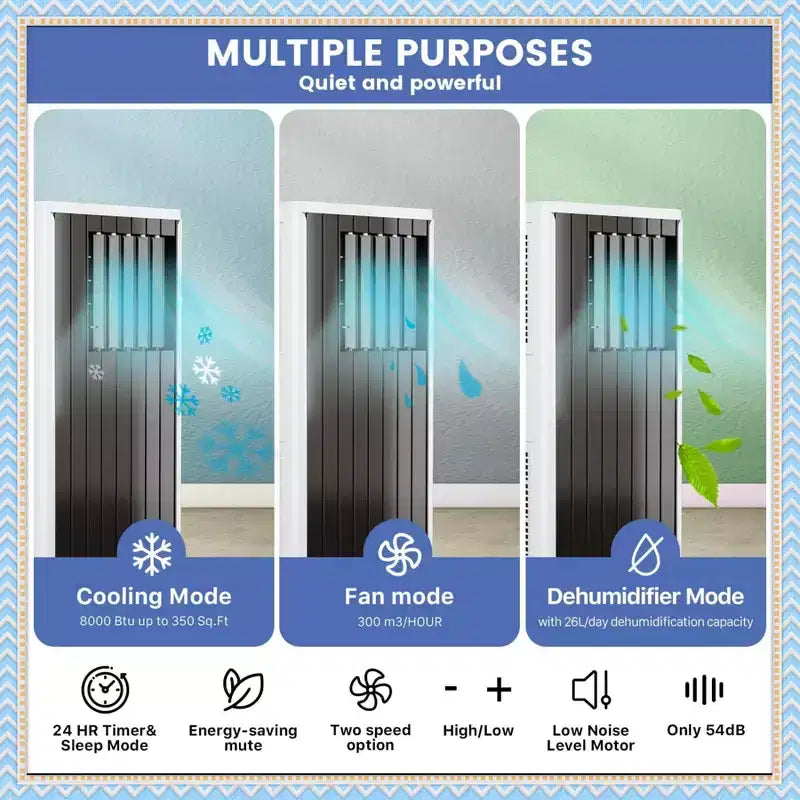 Acondicionador de aire portátil de 8000 BTU, aire acondicionado 3 en 1 con deshumidificador y ventilador, para habitaciones de hasta 32.5 metros cuadrados, con control remoto y kit para ventana