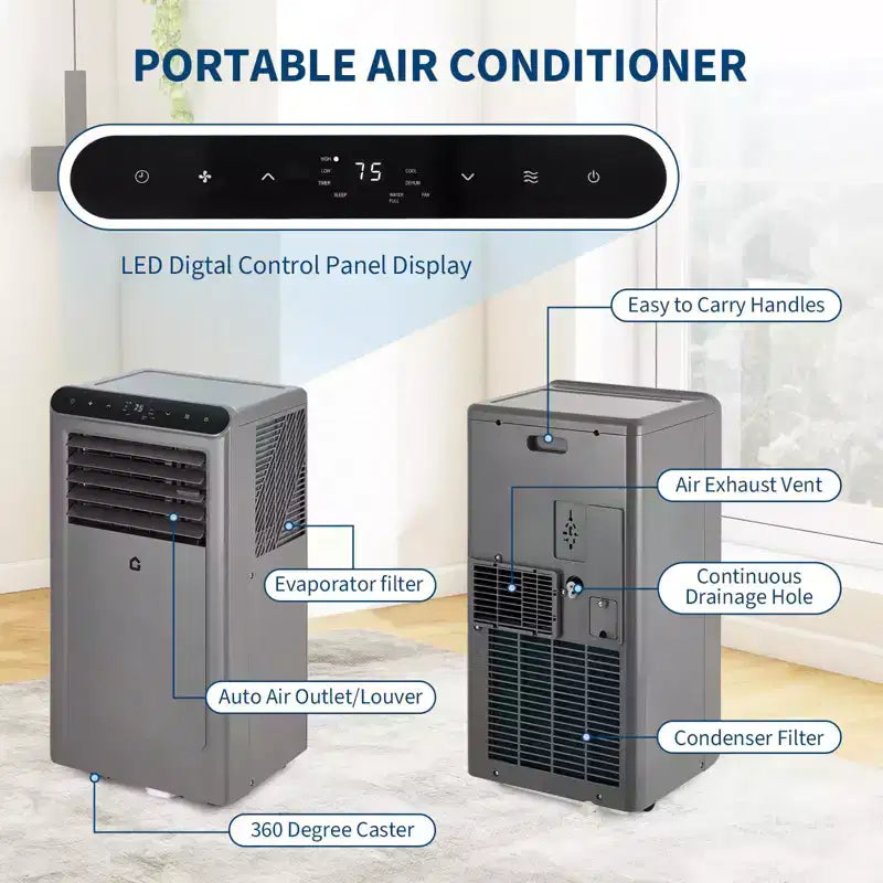 Aires Acondicionados Portátiles de 10000 BTU, Aire Acondicionado Portátil 3 en 1 con Deshumidificador, Ventilador, Control Remoto, Modo Noche, Kit de Instalación para Ventana, Hasta 450 Pies Cuadrados.