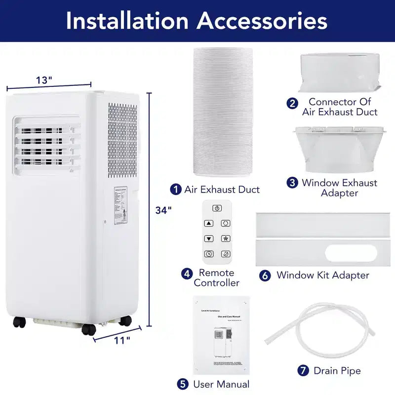 Acondicionador de aire portátil de 8.000 BTU (ASHRAE) / 6.000 BTU (SACC) con funciones de refrigeración, deshumidificador, ventilador, control remoto, modo de suspensión y temporizador de 24 horas