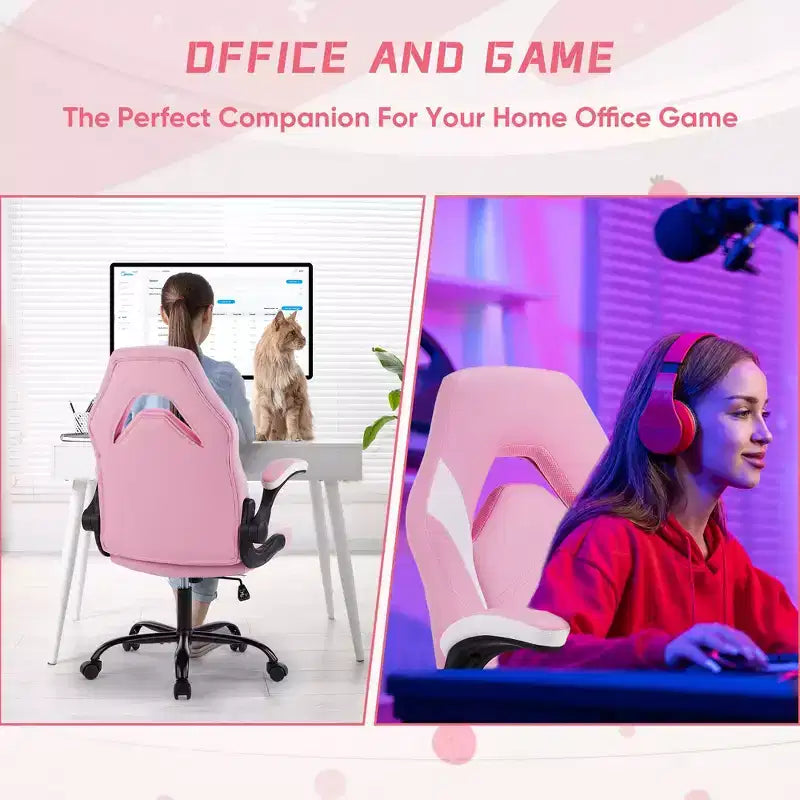 Silla Bestier Gaming, Silla giratoria de piel sintética para ordenador con soporte lumbar, respaldo ajustable y reposabrazos abatible para silla de escritorio de oficina en casa