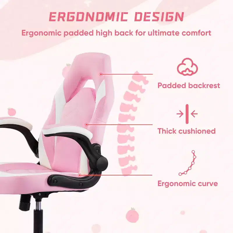 Silla Bestier Gaming, Silla giratoria de piel sintética para ordenador con soporte lumbar, respaldo ajustable y reposabrazos abatible para silla de escritorio de oficina en casa