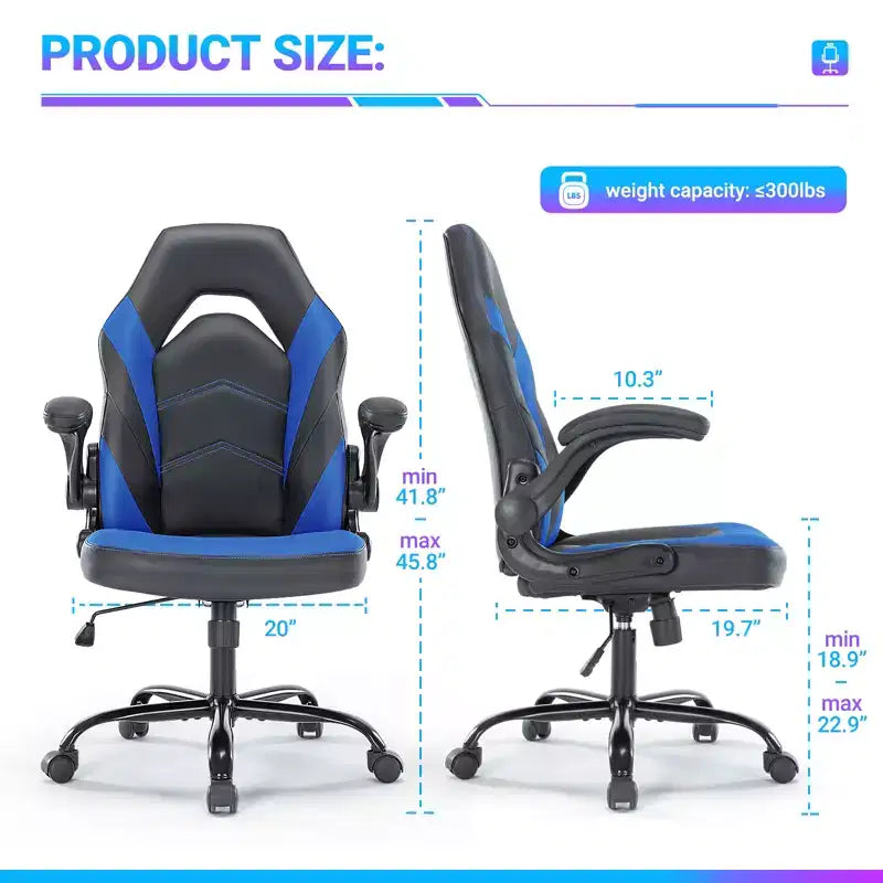 Silla Bestier Gaming, Silla giratoria de piel sintética para ordenador con soporte lumbar, respaldo ajustable y reposabrazos abatible para silla de escritorio de oficina en casa
