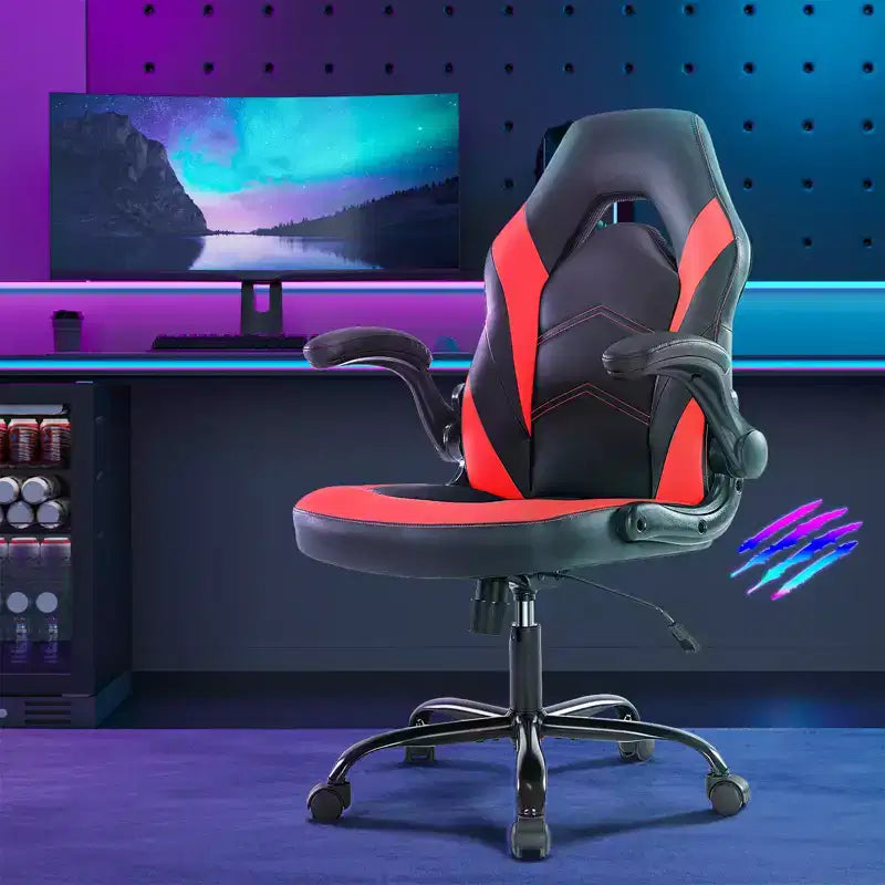Silla Bestier Gaming, Silla giratoria de piel sintética para ordenador con soporte lumbar, respaldo ajustable y reposabrazos abatible para silla de escritorio de oficina en casa