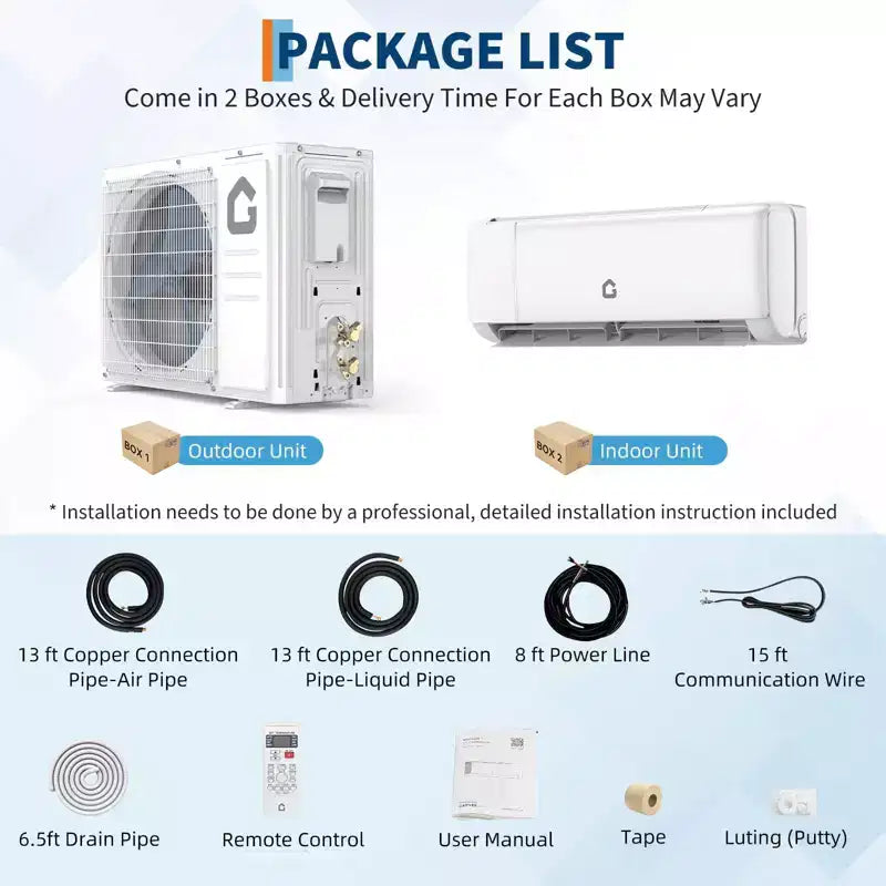 Sistema de aire acondicionado/calefacción mini split de 9000 BTU, 18.5 SEER2, bomba de calor sin conductos