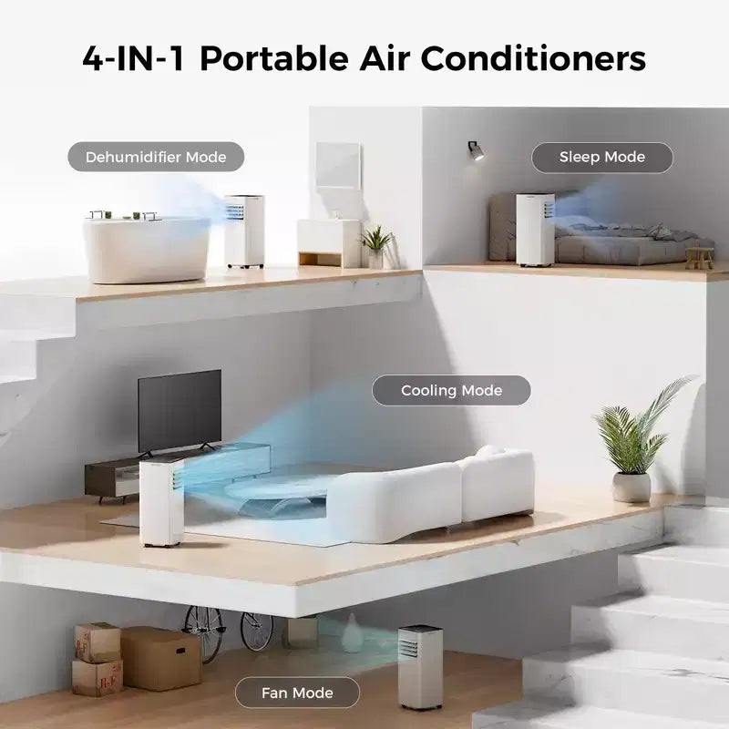Aire acondicionado portátil de 10,000 BTU, 4 modos, enfriamiento rápido, autoevaporación, control remoto, temporizador, para dormitorio/dormitorio/uso en interiores, blanco