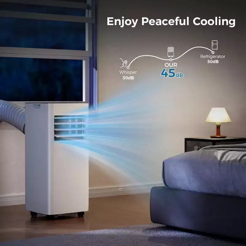 Aire acondicionado portátil de 10,000 BTU, 4 modos, enfriamiento rápido, autoevaporación, control remoto, temporizador, para dormitorio/dormitorio/uso en interiores, blanco
