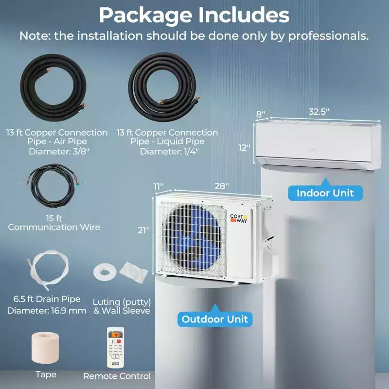 Costway 12000 BTU 230 V Aire Acondicionado y Calefactor Mini Split con Bomba de Calor de 1 Tonelada y Kit de Instalación