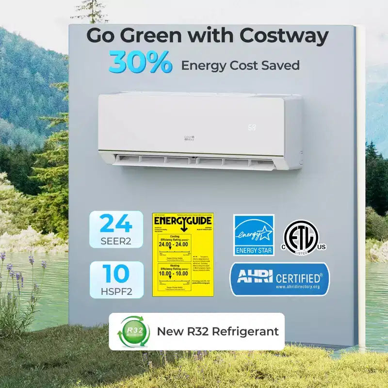 Costway 12000 BTU 230 V Aire Acondicionado y Calefactor Mini Split con Bomba de Calor de 1 Tonelada y Kit de Instalación
